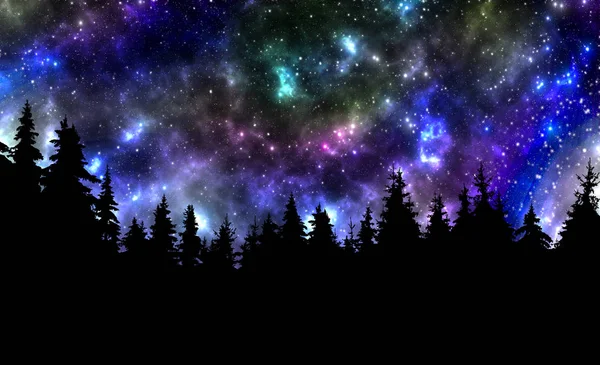 Noční obloha s hvězdami a stromy přírodní zázemí — Stock fotografie