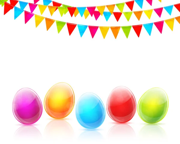 Tarjeta de felicitación feliz Pascua con huevos de colores de vidrio y banderas — Vector de stock