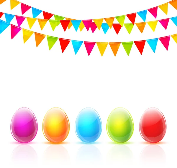 Frohe Ostergrüßkarte mit bunten Eiern und Fahnen — Stockvektor