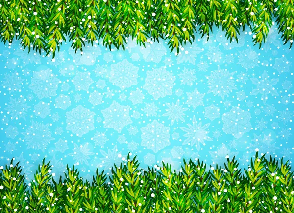 Winter achtergrond met kerstboom takken en sneeuw op blauw — Stockvector