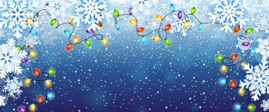 Christmas greeting card with paper snowflakes frame and colorful christmas lights garland. Vector illustration