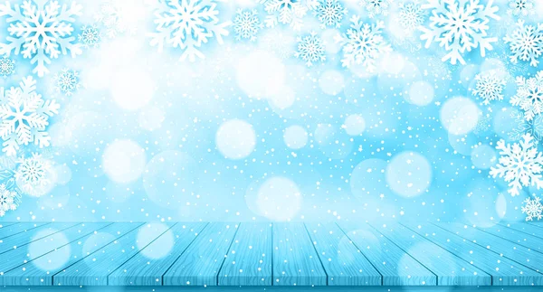 Fundo de Natal com flocos de neve e mesa de madeira — Vetor de Stock