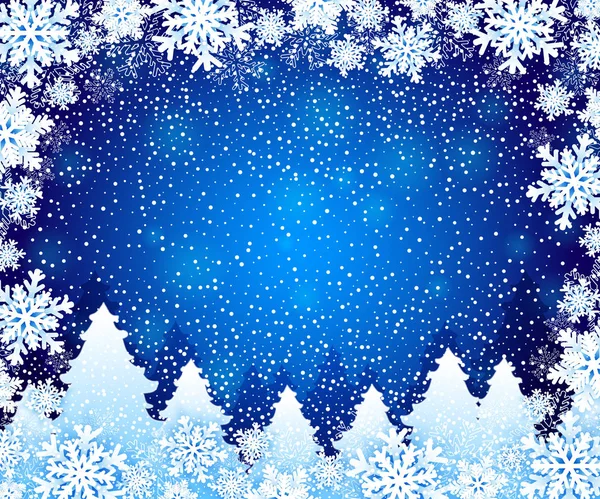 Vánoční pozadí se zimní les a sněhové vločky rám — Stockový vektor