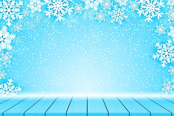 Vánoční pozadí se sněhové vločky rám a dřevěný stůl. Vektorová ilustrace — Stockový vektor