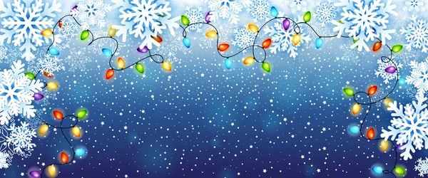 Christmas greeting card with paper snowflakes frame and colorful christmas lights garland. Vector illustration