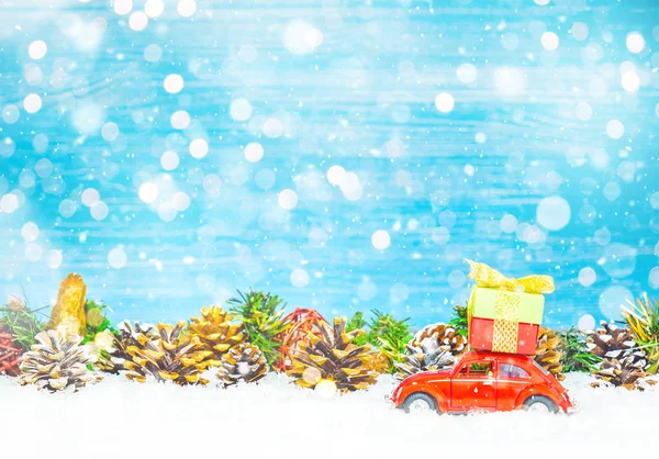 Christmas background with decorations, car and gifts — Stock Photo, Image