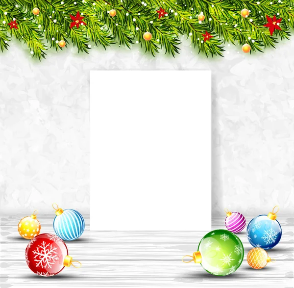 Fundo de Natal com papel branco em branco e decorações de Natal. Ilustração vetorial —  Vetores de Stock