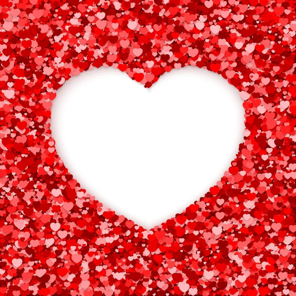 İçinde beyaz kalp çerçevesi olan kırmızı ve pembe kalp konfetileri. Sevgililer Günü vektör illüstrasyonu — Stok Vektör