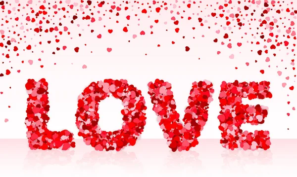 Word Liefde gemaakt van rood en roze confetti. Valentijnskaart. — Stockvector