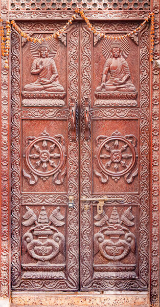 Kathmandu, Nepal - March 04, 2017: Ancient door in Kathmandu, Nepal