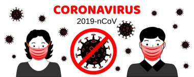 Tehlikeli Çin koronavirüsü. Wuhan Roman Coronavirus 2019-ncov. Solunum cihazındaki insanlar. Pandemik sağlık riski. Vektör illüstrasyonu