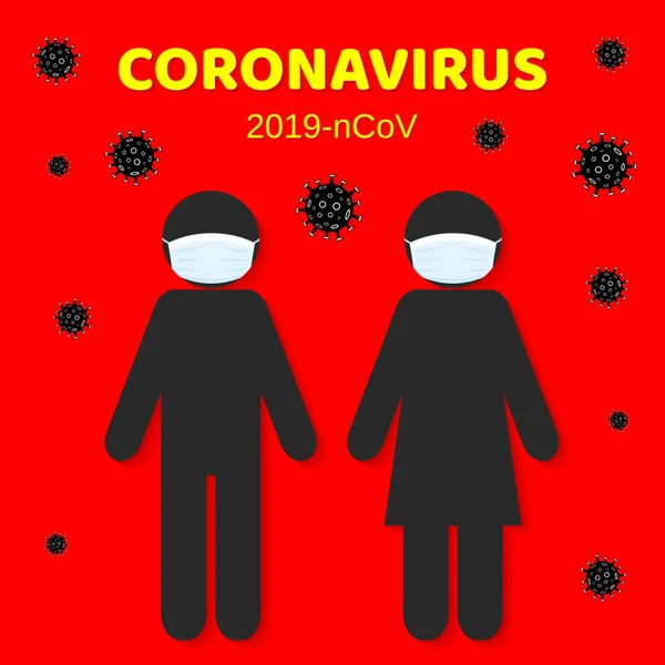 Concepto de brote de Wuhan coronavirus 2019-nCoV. Peligro del coronavirus y enfermedad de riesgo para la salud pública y brote de gripe. Concepto médico pandémico con células peligrosas. Gente con respiradores. Ilustración vectorial — Vector de stock