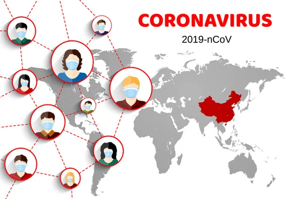 Concetto focolaio Wuhan coronavirus 2019-nCoV. Coronavirus pericolo e la salute pubblica malattia a rischio e focolaio di influenza. Persone in respiratori sullo sfondo della mappa del mondo. Illustrazione vettoriale — Vettoriale Stock