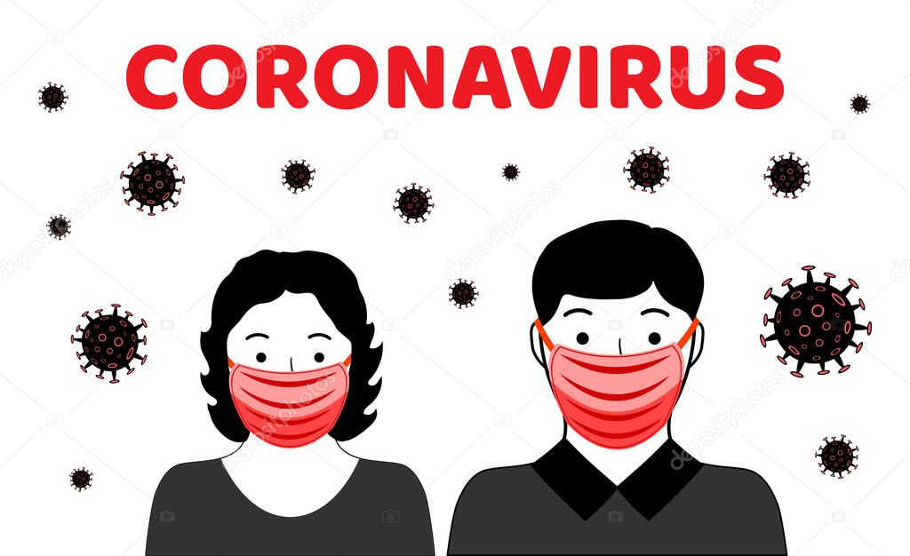 Dangerous chinese coronavirus. Wuhan Novel coronavirus 2019-nCoV. People in respirators. Pandemic medical health risk. Vector illustration