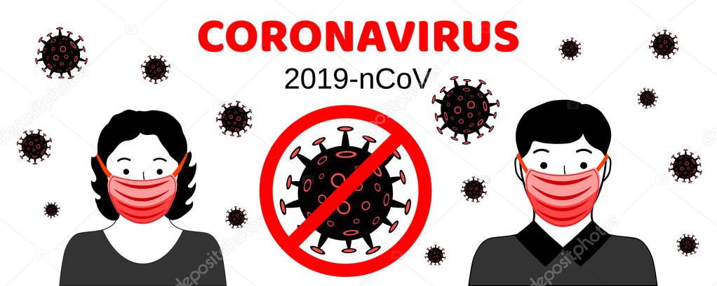 Dangerous chinese coronavirus. Wuhan Novel coronavirus 2019-nCoV. People in respirators. Pandemic medical health risk. Vector illustration