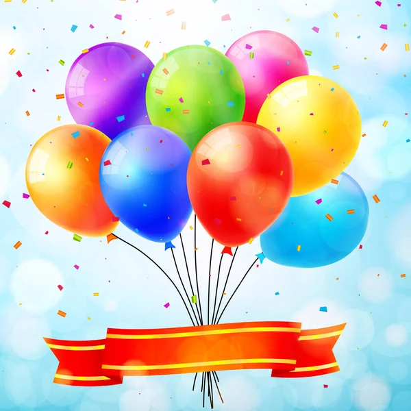 Feierstimmung Mit Bunten Luftballons Schleife Und Konfetti Vektorillustration — Stockvektor