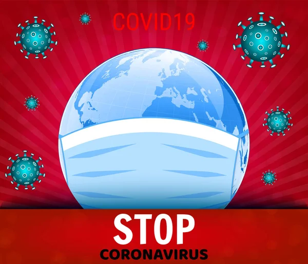Coronavirus Covid-19 konsepti. Dünya tıbbi bir maske altında. Tehlikeli Çin ncov coronavirüs salgını. Tehlikeli hücrelerle salgın hastalık konsepti. Vektör illüstrasyonu