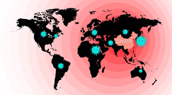 Mers Cov 中東呼吸器症候群コロナウイルス 新規コロナウイルスCovid 世界地図上の中国の地図 地球上のウイルスの拡散 ベクターイラスト — ストックベクタ