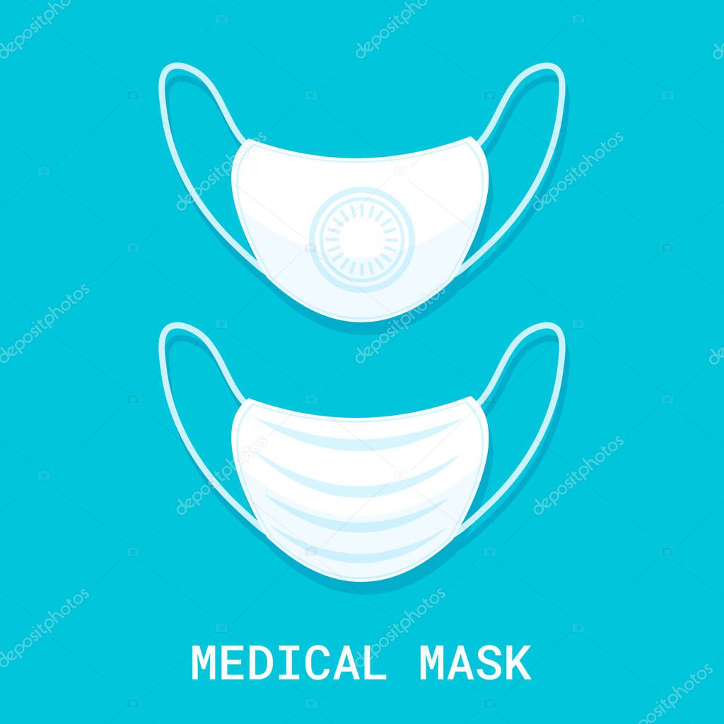 Medical shielding bandage on blue background. Surgical mask to cover the mouth and nose. Protection concept. Vector illustration