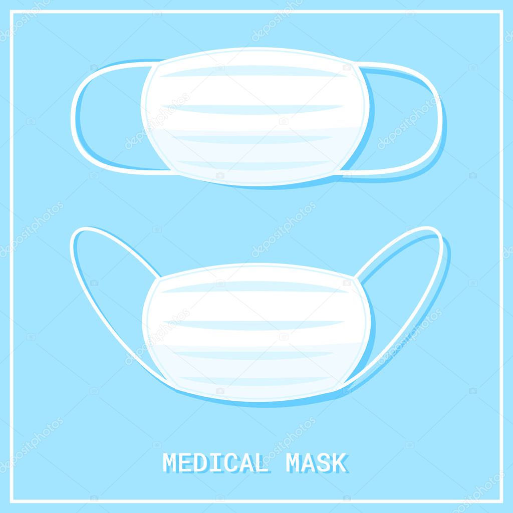 Medical shielding bandage on blue background. Surgical mask to cover the mouth and nose. Protection concept. Vector illustration