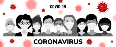 Tıbbi maskeli insanlar. Wuhan Coronavirus salgını konsepti. Covid-19 tehlikesi ve halk sağlığı risk hastalığı ve grip salgını. Vektör illüstrasyonu