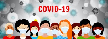 Tıbbi maskeli insanlar. Wuhan Coronavirus salgını konsepti. Covid-19 tehlikesi ve halk sağlığı risk hastalığı ve grip salgını. Vektör illüstrasyonu