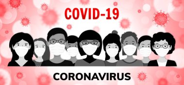 Tıbbi maskeli insanlar. Wuhan Coronavirus salgını konsepti. Covid-19 tehlikesi ve halk sağlığı risk hastalığı ve grip salgını. Vektör illüstrasyonu