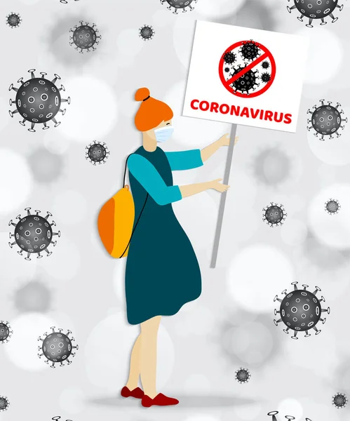 Mujer Con Máscara Médica Sostiene Póster Stop Coronavirus Concepto Brote — Vector de stock