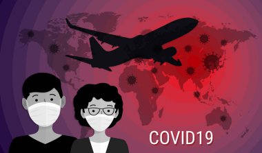 Roman Coronavirus Covid-19. Dünya haritası, uçan uçak ve tıbbi maskeli insanlar. Virüsün tüm gezegene yayılması. Pandemik sağlık riski. Vektör illüstrasyonu