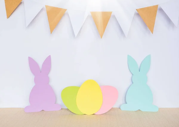 Easter Background Eggs Rabbits Garland Flags — Stock Photo, Image