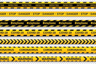 Şeffaf arka planda sarı ve siyah bantlar uyarılıyor. Güvenlik çit kurdelesi. Küresel koronavirüs COVID-19. Vektör illüstrasyonu
