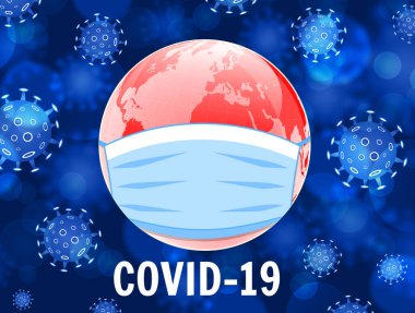 Coronavirus COVID-19 konsepti. Dünya tıbbi bir maske altında. Tehlikeli koronavirüs salgını. Tehlikeli hücrelerle salgın hastalık konsepti. Vektör illüstrasyonu