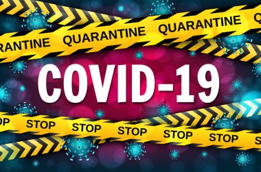 Sarı ve siyah bantlı Coronavirus COVID 19 salgını konsepti. Coronavirus tehlikesi ve halk sağlığı risk hastalığı ve grip salgını. Tehlikeli hücrelerle salgın hastalık konsepti. Vektör illüstrasyonu