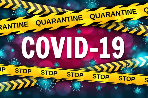 黄色と黒のテープに警告とコロナウイルスCovid 19発生概念 コロナウイルスの危険性と公衆衛生上のリスク疾患やインフルエンザの発生 危険な細胞と流行の医療概念 ベクターイラスト — ストックベクタ