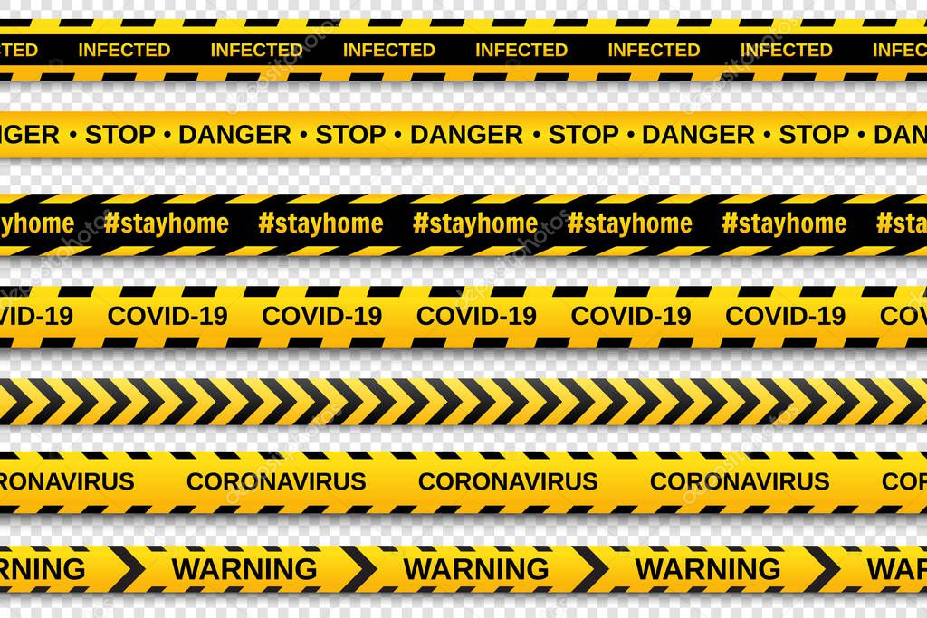 Warning yellow and black seamless tapes on transparent background. Safety fencing ribbon. Global pandemic coronavirus COVID-19. Vector illustration