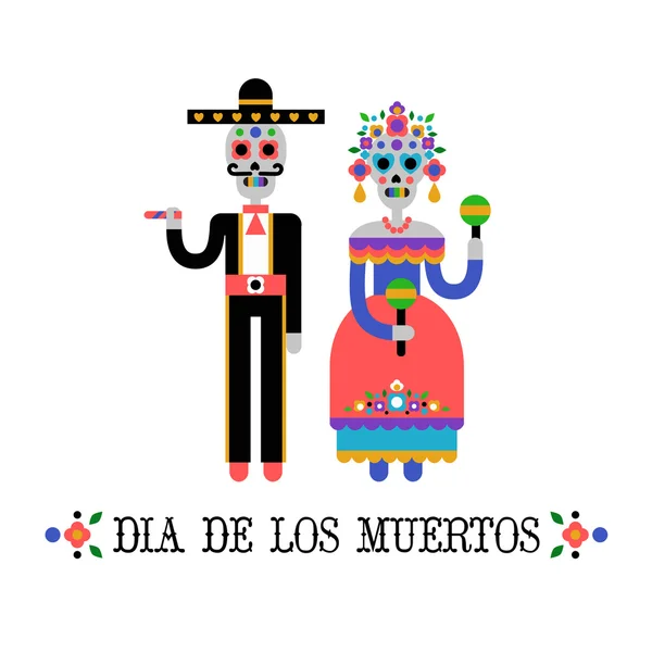 Day of the Dead (Dia de los Muertos). Mexican holiday. Vector Illustration of couple of skeletons — Stock Vector