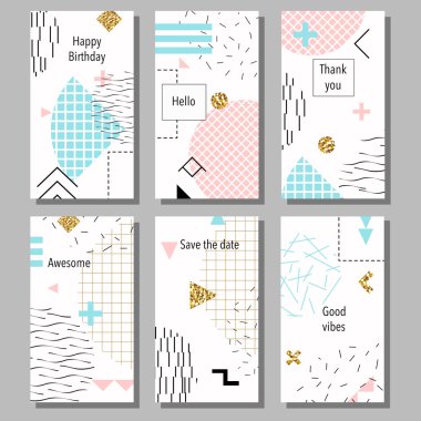 Sanatsal renkli evrensel kart dizisini. Düğün, yıldönümü, doğum günü, tatil, parti. Tasarım poster, kart, davet için. Memphis tarzı