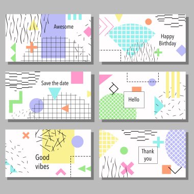 Sanatsal renkli evrensel kart dizisini. Düğün, yıldönümü, doğum günü, tatil, parti. Tasarım poster, kart, davet için. Memphis tarzı