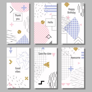 Sanatsal renkli evrensel kart dizisini. Düğün, yıldönümü, doğum günü, tatil, parti. Tasarım poster, kart, davet için. Memphis tarzı