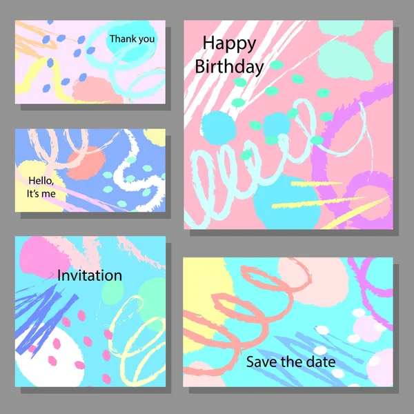Набір художніх барвистих універсальних карт. Весілля, ювілей, день народження, свято, вечірка. Дизайн плаката, картки, запрошення . — стоковий вектор