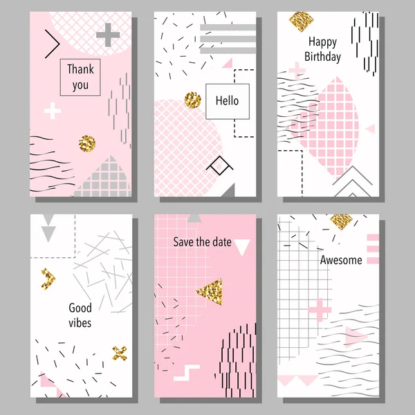Sanatsal renkli evrensel kart dizisini. Düğün, yıldönümü, doğum günü, tatil, parti. Tasarım poster, kart, davet için. Memphis tarzı