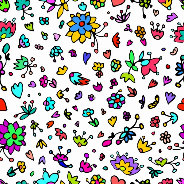 Vector floral pattern in doodle style with flowers, leaves, hearts. Cute, funny, floral vector background. — Stock Vector