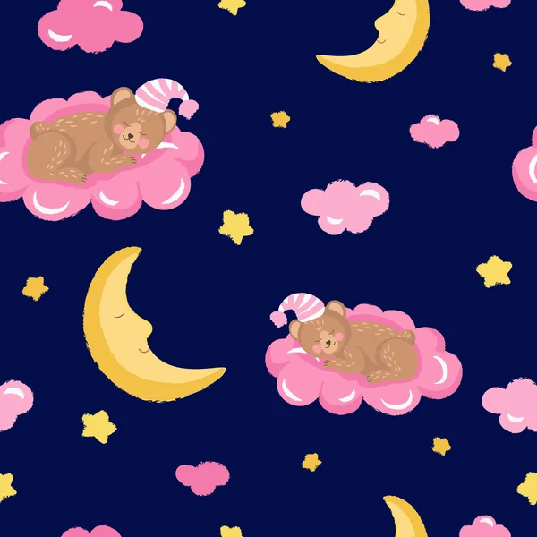 Nahtloses Muster mit niedlichem schlafenden Teddybär, Wolken, Sternen und Mond. — Stockvektor