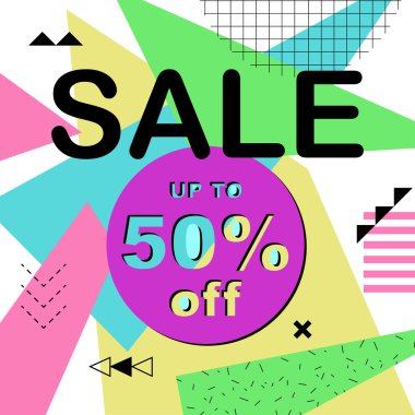 Satılık %50 off kadar renkli parlak poster promo mağazası. Moda Ürün indirim. Vektör çizim. 80s - 90s Memphis tarzı.