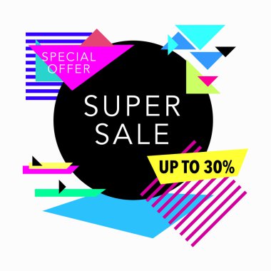 Satış ve özel fırsat poster on-line alışveriş için. Vektör çizim. 80s - 90s Memphis tarzı.