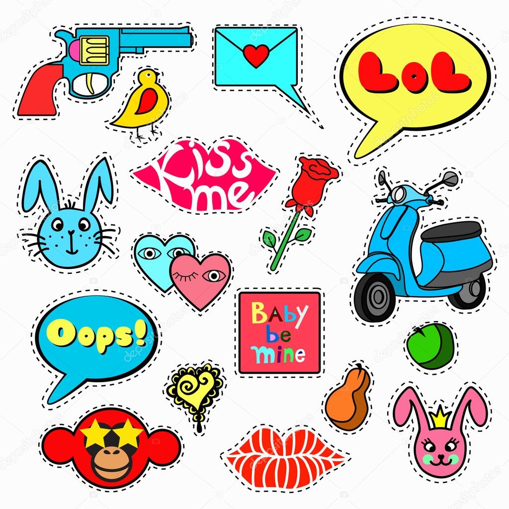 Set of stickers, pins, patches in cartoon 80s-90s comic style. Fashion patch badges with different elements. Vector illustration isolated on white background.