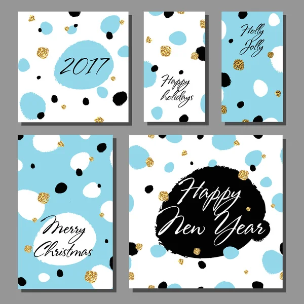 Colección de tarjetas de Año Nuevo y Navidad. Juego de tarjetas de felicitación con fondo abstracto dibujado a mano. Conjunto de carteles. Ilustración vectorial colorida — Vector de stock