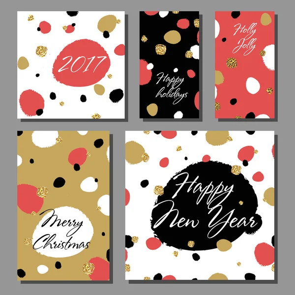 Colección de tarjetas de Año Nuevo y Navidad. Juego de tarjetas de felicitación con fondo abstracto dibujado a mano. Conjunto de carteles. Ilustración vectorial colorida — Vector de stock