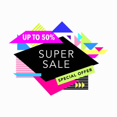 Satış ve özel fırsat poster on-line alışveriş için. Vektör çizim. 80s - 90s Memphis tarzı.