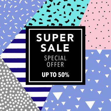 Satış ve özel fırsat poster on-line alışveriş için. Vektör çizim. 80s - 90s Memphis tarzı.